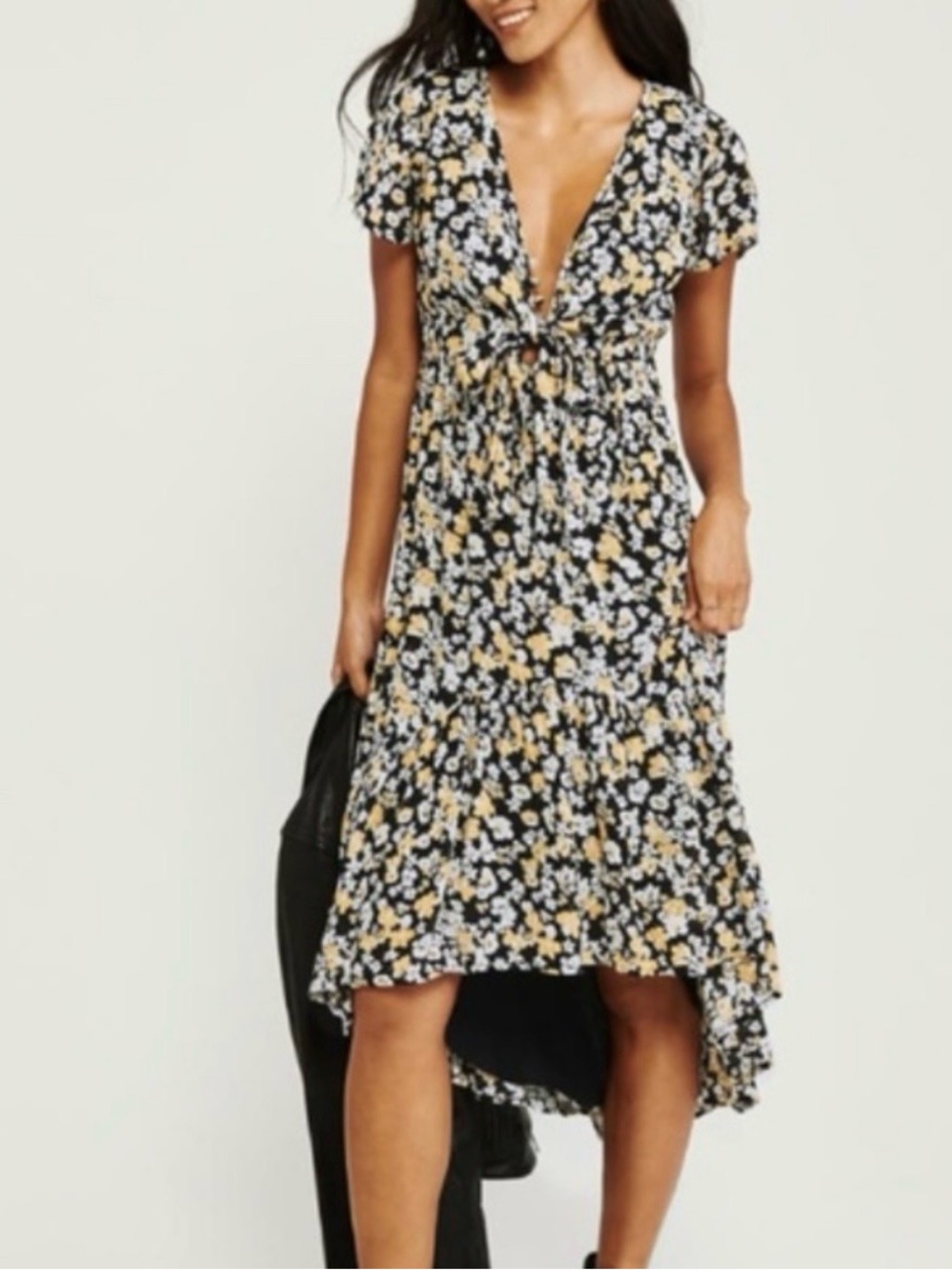 Abercrombie & Fitch Floral Tie-Front High-Low Midi Cottagecore Dress